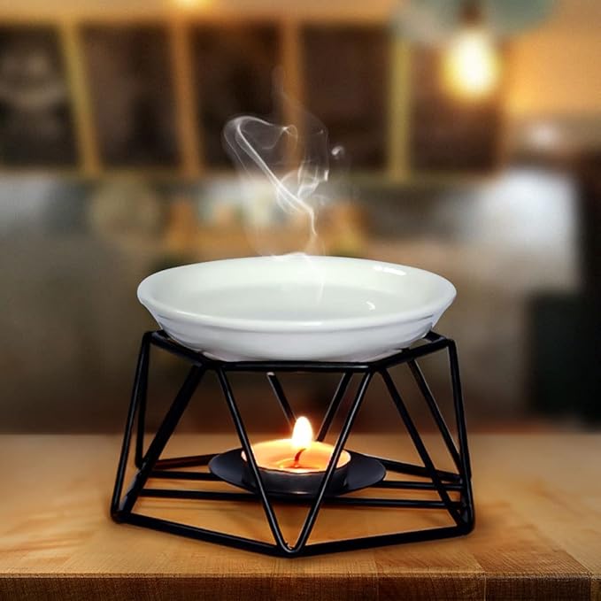 SXCHEN Delicate Romantic Hexagon Shaped Geometric Design Ceramic Tealight Candle Holder Oil Burner, Essential Oil Incense Aroma Diffuser Furnace Home Decoration Stylish Design Black Metal