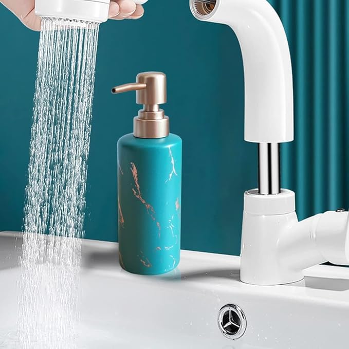 Gold Soap Dispenser for Bathroom or Kitchen, Skinny Ceramic Lotion Bottle with Marble Pattern, Rust-Free Pump(Dark Green)