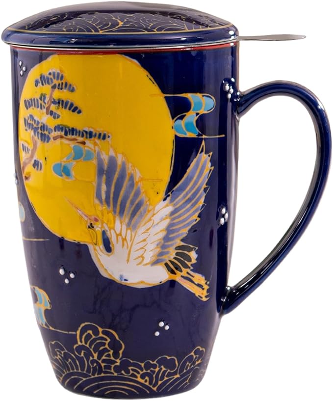 Urban Tokyo Tea Mug With Lid and Stainless Steel Infuser For Loose Leaf Tea Bag Tea Cup 15oz Porcelain Hot Beverage Everyday Use Home Office (Crane Moon)