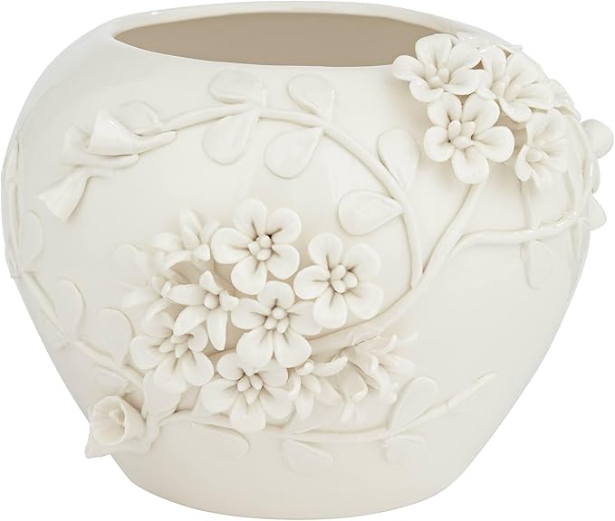 Bloomer 8 3/4" Wide White Glazed Floral Cottage Core Decorative Vase - Dahlia Studios