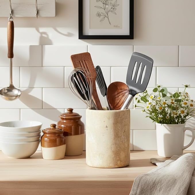 Marble Utensil Holder 6.5 Inch Travertine Utensil Caddy, Wooden Cooking Utensils Set & Spatula Organizer for Kitchen Counter Decor, Stone Crock for Spoon Holder & Farmhouse Decor