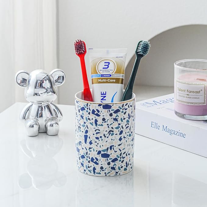 Ceramic Toothbrush Holder Toothpaste Holders, Cute Bathroom Tumbler Cups Reusable,Checkered Bathroom Counter Decor Organizer, Makeup Brush Holder,Pen Holder (Terrazzo)