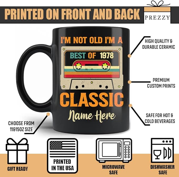 PREZZY I'm Not Old I'm a Classic Best of 1978 45th Birthday Gifts Vintage Cassette Tapes Collection Coffee Mug 45 Year Old Birthday Decorations for Men Women Dad Mom Personalized Mug 11oz 15oz Black