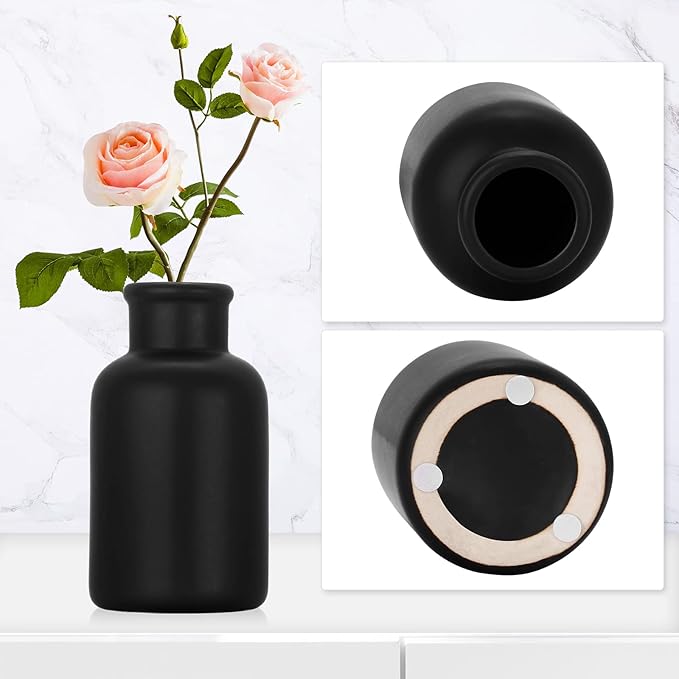 Handmade Ceramic Vase for Dried Flowers - Modern Farmhouse Home Decor, Ribbed Textured Vase for Shelf, Table, Mantel & Entryway Décor Black for Living Room & Bookshelf Display