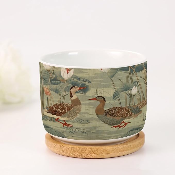 and Duck Garden Small Ceramics Planters Set of 3 Green Water Lily Chinoiserie Flower Ceramics Plant Pot with Drainage Holes and Bamboo Tray Chinoiserie Chic Planter for Succulents