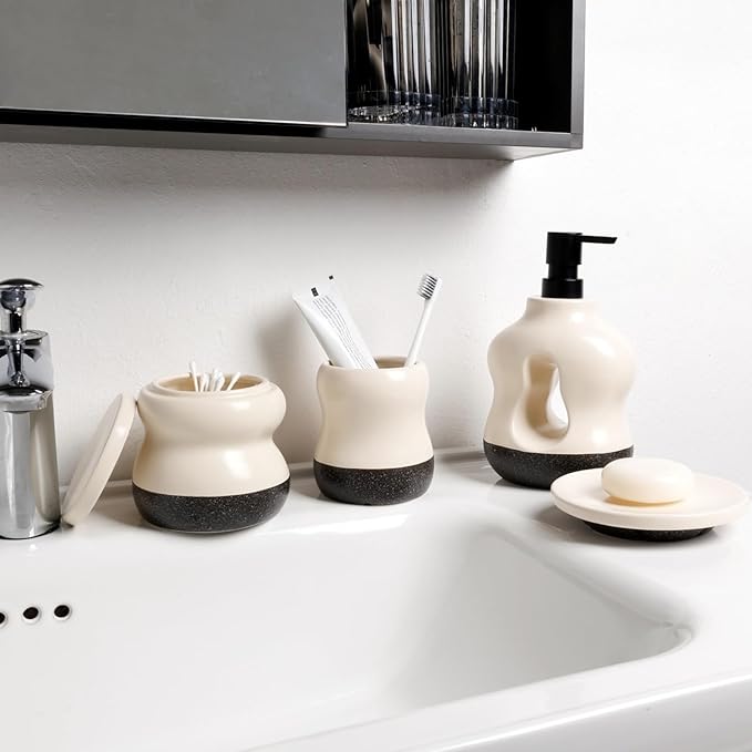 BosilunLife Bathroom Accessories Set of 4 - Beige Bathroom Countet Soap Set Bathroom Decor Bathroom Lotion Soap Dispenser Sets Toothbrush Holder and Soap Dispenser, Soap Dish, Apothecary Jar