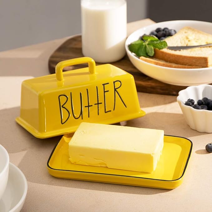 Sweejar Ceramic Butter Dish with Handle Lid, 7.3 Inch Porcelain Large Butter Keeper with Cover, Perfect for East/West Butter (Yellow)