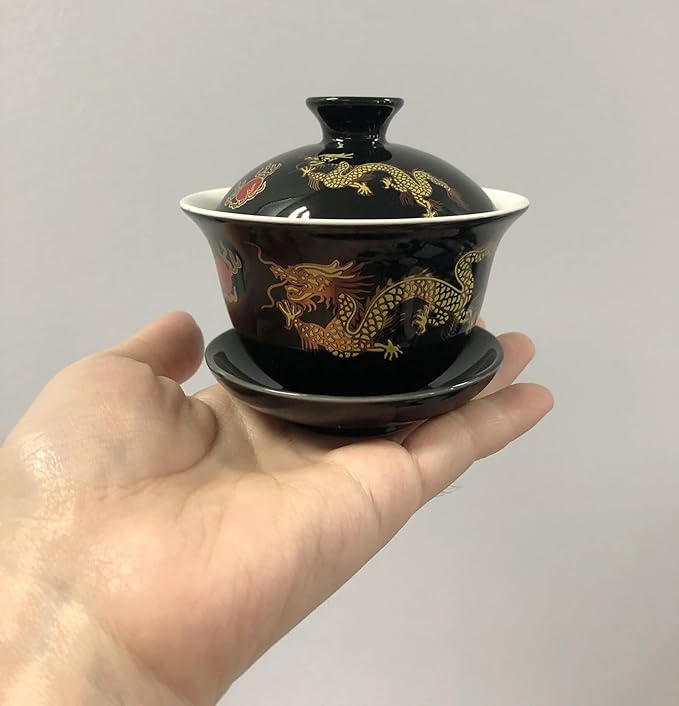Porcelain Kung Fu Tea Cup and Saucer with Lid, Chinese Traditional Gaiwan Sancai Tea Bowl Tea Set Dragon Pattern (Black)