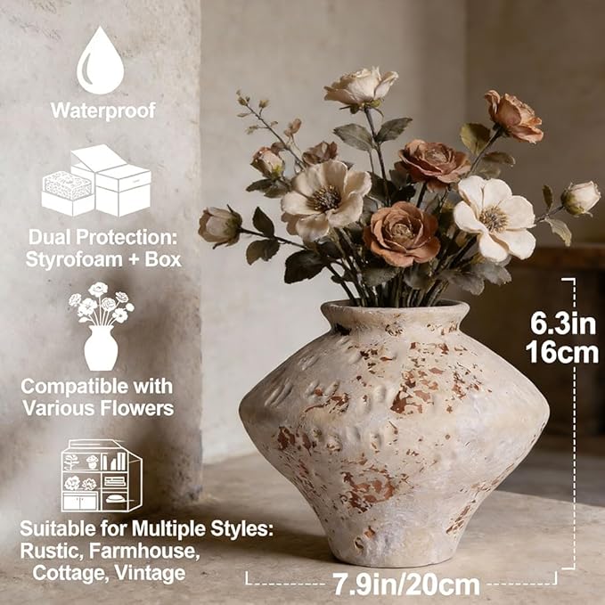 Wabi Sabi Rusty Vintage Vase, 6.3" Tall Wabi Sabi Decor Rustic Farmhouse Pottery Vase for Centerpiece, Textured Pottery Flower Vases for Home Decorative, Table, Living Room, Bedroom, Bathroom, Kitchen