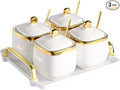 4 Pack Gold Condiment Spice Jars with Lids, Spoons, Tray - Ceramic Seasoning Box Set for Salt, Pepper, Sugar - Kitchen Storage