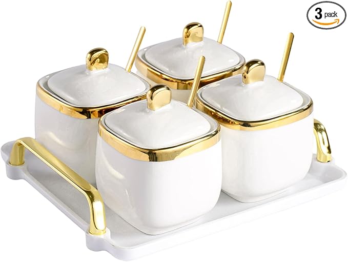4 Pack Gold Condiment Spice Jars with Lids, Spoons, Tray - Ceramic Seasoning Box Set for Salt, Pepper, Sugar - Kitchen Storage
