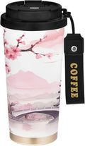 Asian Style Pink 17oz Insulated Coffee Mug with Dual-Function Lid, Ceramic Lined Travel Tumbler for Pure Taste, Stainless Steel Water Bottle with Straw, Fits Cup Holders