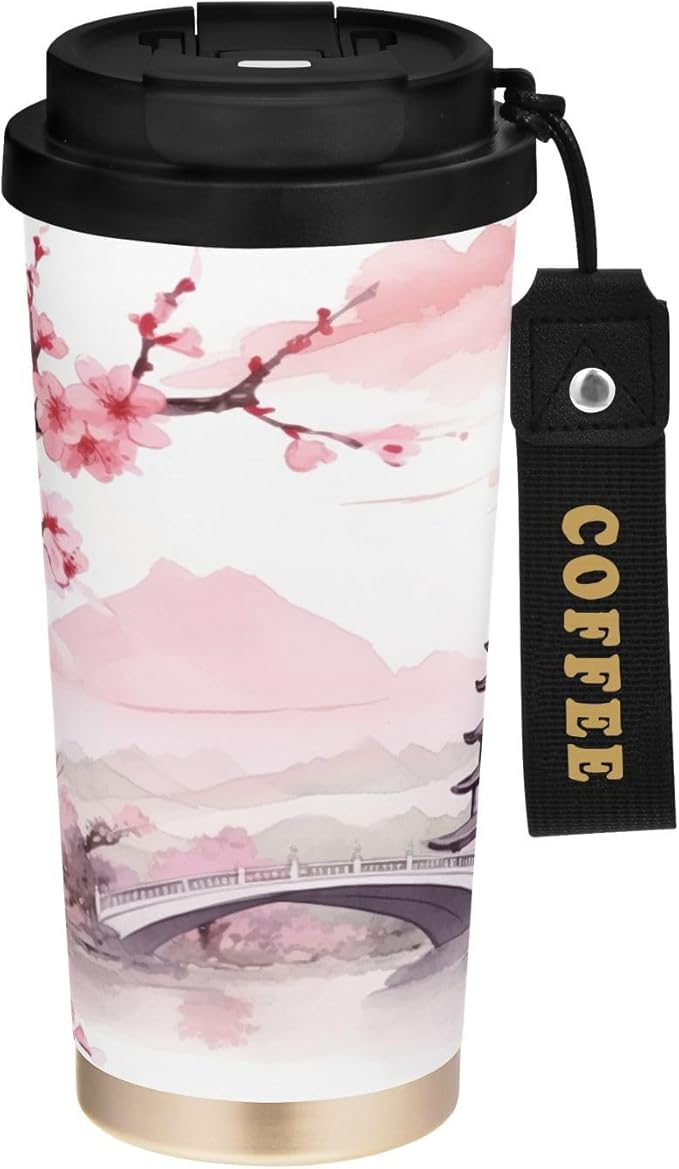 Asian Style Pink 17oz Insulated Coffee Mug with Dual-Function Lid, Ceramic Lined Travel Tumbler for Pure Taste, Stainless Steel Water Bottle with Straw, Fits Cup Holders