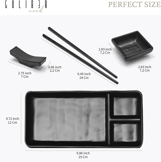 Sushi Serving Set, with 4 Japanese Sushi Serving Plate, 4 Soy Sauce Dish, 4 pairs of chopsticks and 4 chopsticks stands- Melamine Serving Set for Sushi (Black)