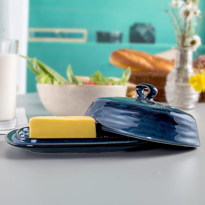 Hasense Butter Dish with Lid, Ceramic Butter Dish with Knife for Countertop with Covered, Large Butter Keeper Handle Design, Blue