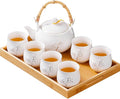 Japanese Tea Set, White Porcelain tea set with 1 Teapot(23 oz/660ml), 6 Tea cups(5.3 oz/150ml), 1 Tea Tray, Golden plum blossom relief, Asian tea sets for adults (Golden plum-White)