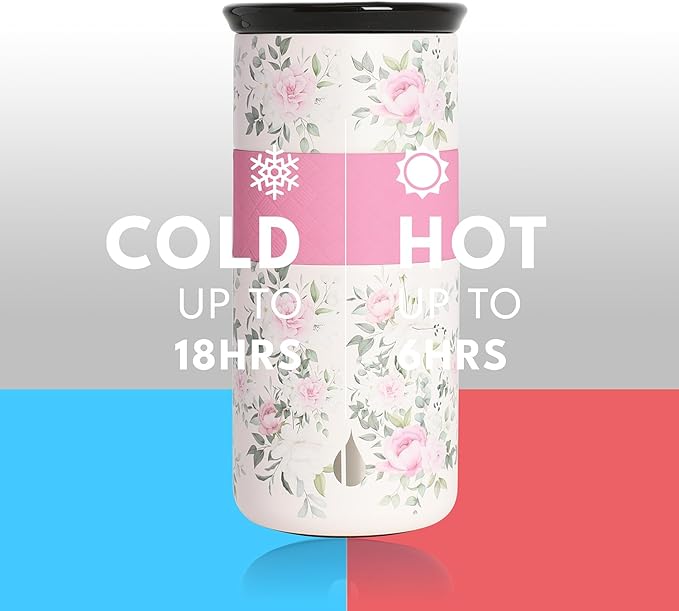 Elemental Artisan Insulated Tumbler, Triple Wall Coffee Travel Mug, Reusable Stainless Steel Coffee Tumbler with Ceramic Lid, Thermal Coffee Cups for Hot (6 Hrs) & Cold (18 Hrs), 16oz - Rose Garden