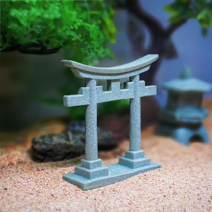 livelyfish Japanese Shinto Torii Gate Fish Tank Decorations Asian Aquarium Statue Decor Japan Shrine Oriental Pagoda Bridge Sandstone Ornament Betta Fish Decorations for Tanks, Grey, S
