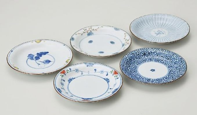 Saikai Pottery 31989 Hasami Ware Scissors Dish Set of 5 Patterns, Dyed Nishiki Picture Change, Diameter 6.3 inches (16 cm), Soy Sauce Plate, Gift, Birthday, Scissors, Dishware, Stylish, Microwave and