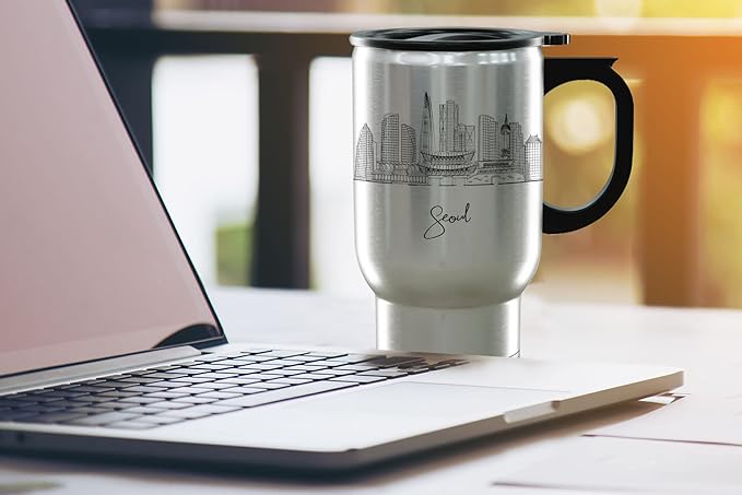 Seoul Skyline Steel Mug, Asia Skyline 14oz Travel Mug with Handle & Lid Custom Travel Tumblers, Gift For Birthday, Spill Resistant Tumblers for Women, Personalized Tumbler