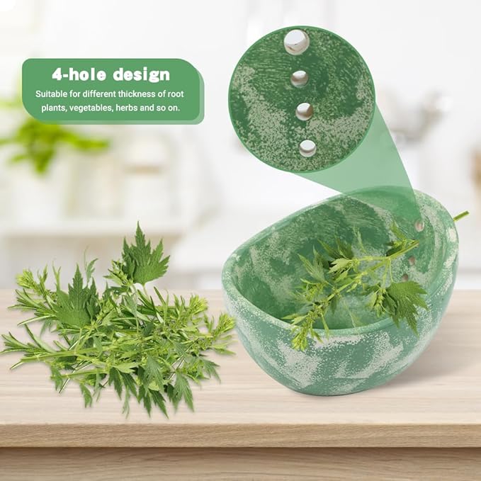 Pottery Herb Stripper Bowl, Handmade Ceramic Herb Peeling Cup with Different Hole Sizes for Separating Leaves and Stems(Color:Green)