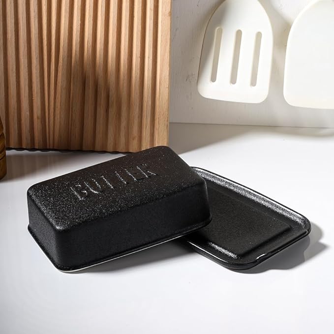 Porcelain Covered Butter Dish with Lid for Countertop Butter Holder Container for One Stick of Butter. Textured Tray Butter Keeper for Non Slip Storage-BLACK SMALL