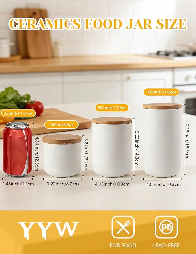 YYW Ceramic Food Storage Containers with Lids, Kitchen Canisters for Countertop, White Food Containers Jar for Flour, Coffee Bean, Sugar, Tea, Spices and More, Home Decor (260ml/8.79oz)