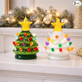 MOMENTS IN TIME Ceramic Christmas Tree Set of 2 Mini 3.5”H LED Light Up Tabletop Trees with Multicolor Bulbs & Star Topper, Battery Operated, Vintage Holiday Décor for Mantel Table or Desk