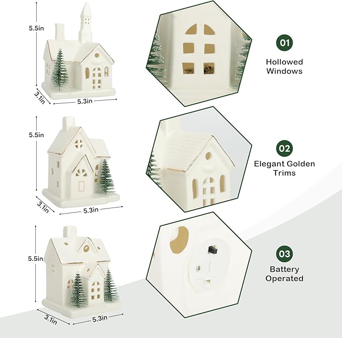Timer: White Ceramic Christmas Village Houses, 3Pcs Light Up Christmas Village Sets with 4Pcs Trees, LED Lighted Tabletop House Figurines for Home Decor, Winter Holiday, Xmas Gift