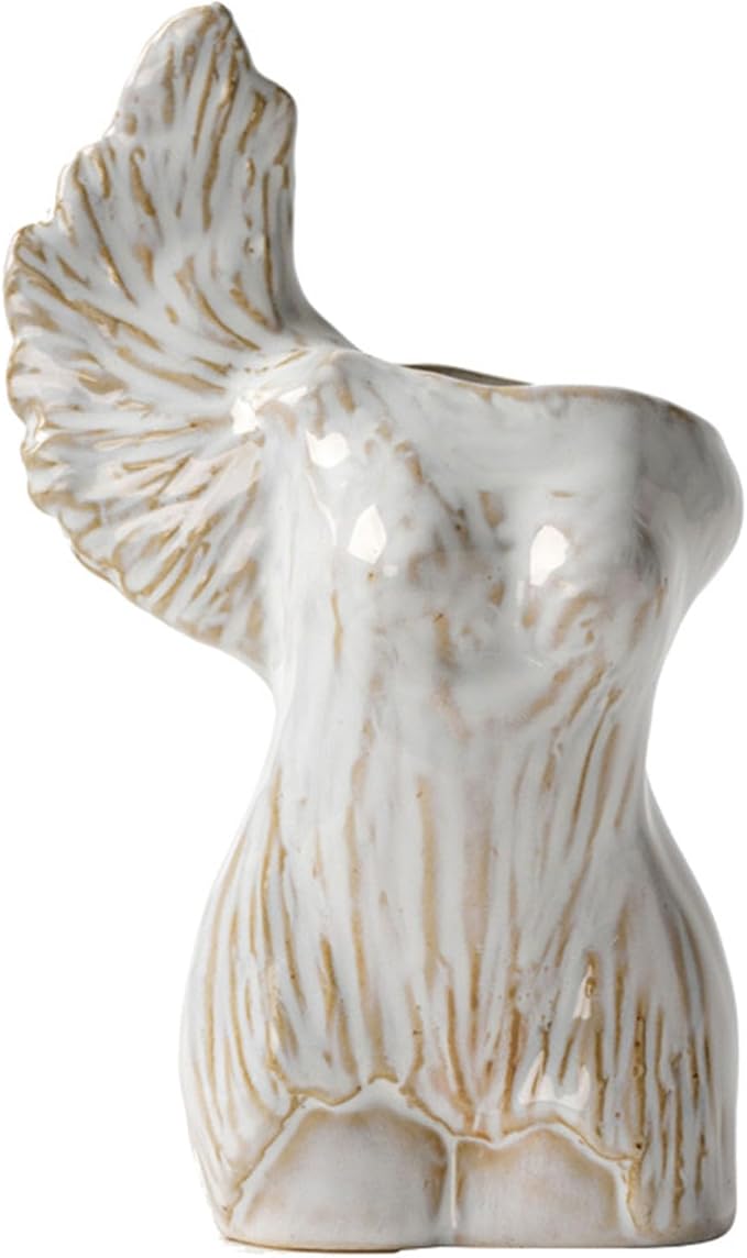 Art Vase, Sculptural Ceramic Vases for Home Decor, Handcrafted Wabi-Sabi Style Female Torso Vase with Single Wing and Textured Gradient Glaze, Modern Minimalist Decoration, Unique Gift Idea