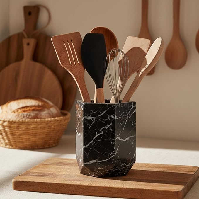 Radicaln Marble Utensil Holder 6.5'' Inches Black Spatula Set for Kitchen Counter, Ideal Cooking Utensils Jar & Kitchen Essentials Organizer, Ideal Utensil Caddy & Spoon Holder