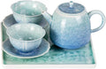 Tea Set for Adults Porcelain Tea Pot and Tea Cups Set, Blue and Cyan Gradient Japanese Ceramic Tea Cups and Saucers Set, Chinese Gong Fu Tea Set (2 Saucer+ 2 Floral Cups +1 Tea Pot + 1 Square Plate)