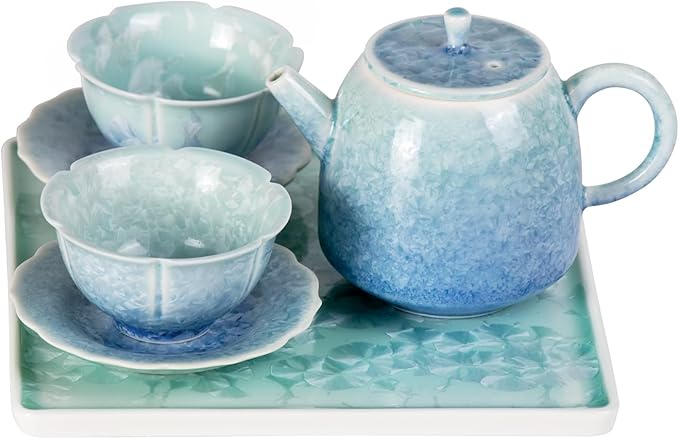 Tea Set for Adults Porcelain Tea Pot and Tea Cups Set, Blue and Cyan Gradient Japanese Ceramic Tea Cups and Saucers Set, Chinese Gong Fu Tea Set (2 Saucer+ 2 Floral Cups +1 Tea Pot + 1 Square Plate)