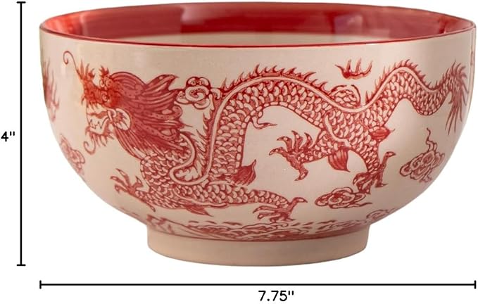Urban Tokyo Japanese Kamameshi Style Ceramic Glazed Japanese Ramen Udon Pho Noodle Bowl With Spoon, Bamboo Lid, Chopsticks and Trivet 5 Piece Set (Red Dragon)