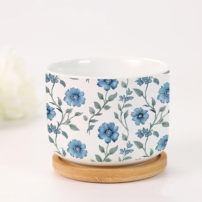 Mughal Flower Small Ceramics Pots Set of 2 Watercolor Blue Mughal Floral Ceramics Pots for Plants with Drainage Bamboo Trays Asian Scenery Chinoiserie Succulent Pot for Indoor