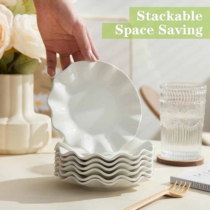 TAMAYKIM 18 Pieces 6 Inch Porcelain Dessert Plates, Small Appetizer Plates, Wavy Rim Dinnerware Sets, Microwave, Oven, and Dishwasher Safe, White
