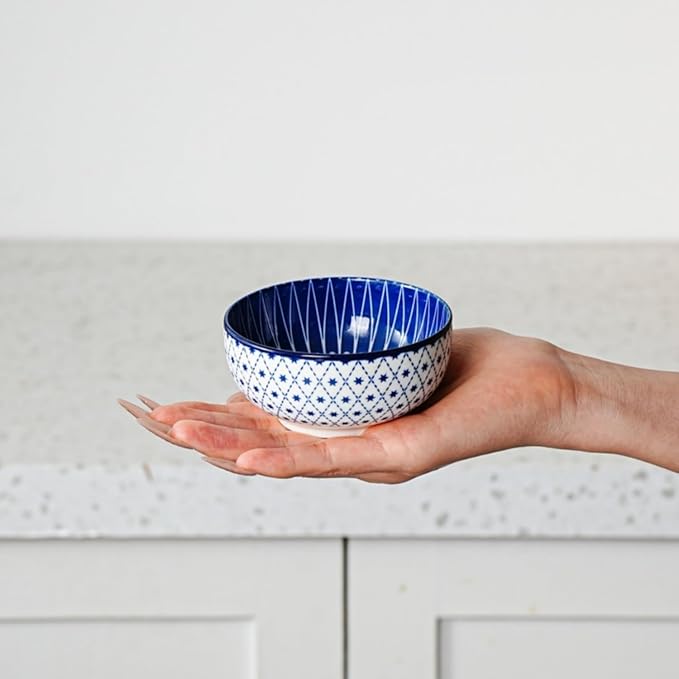 Ceramic Dipping Bowls Set - Mini 4 Oz Dessert Bowls Set - Small 3.5 Inch Porcelain Bowls for Side Dishes, Snack, Appetizer, Yogurt - Microwave Dishwasher Safe - Set of 6 - Vintage Blue