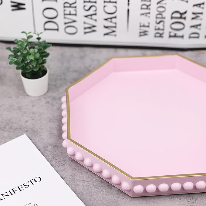Pink Serving Tray for Coffee Table, Octagonal Beaded Plastic Decorative Tray for Ottoman, Kitchen Counter, Living Room