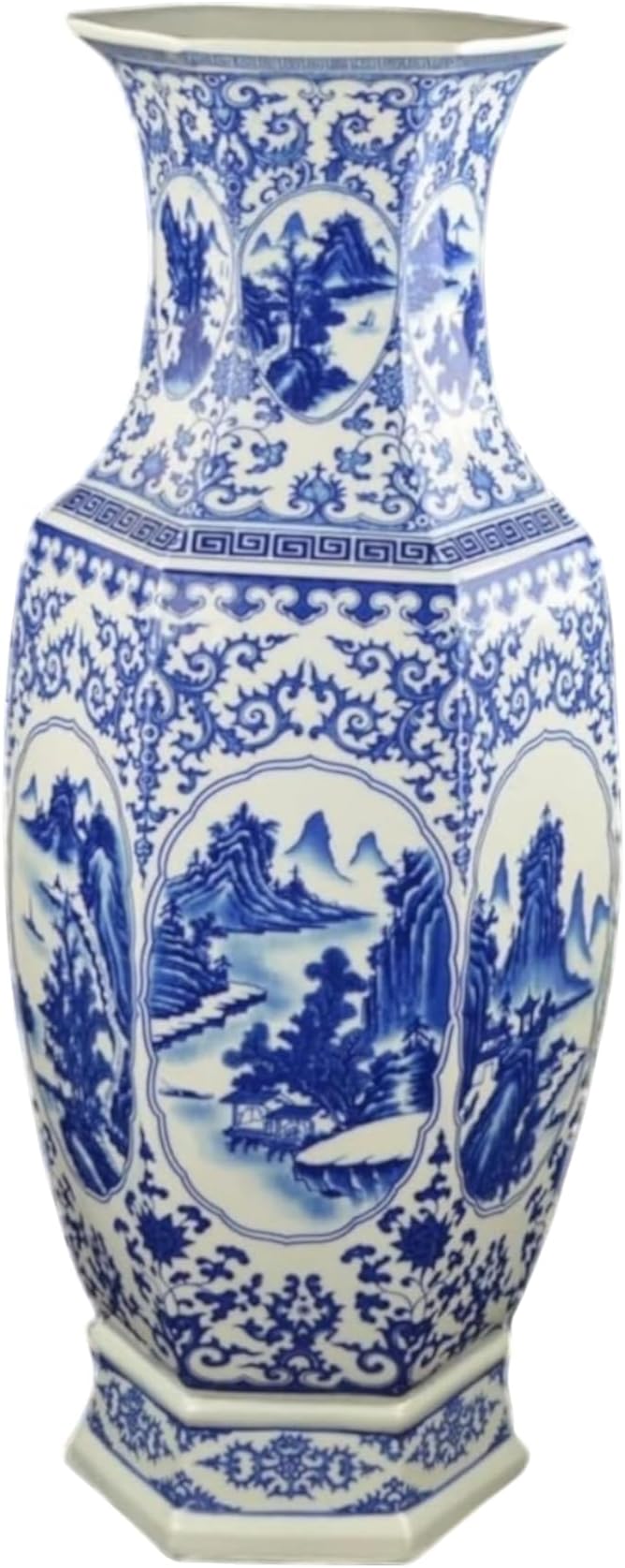 25" Classic Blue and White Hexagonal Lotus Porcelain Vase, Ceramic Vase Jingdezhen, China Qing Style （D9）