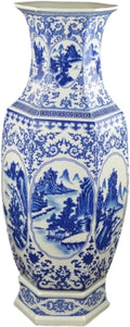 25" Classic Blue and White Hexagonal Lotus Porcelain Vase, Ceramic Vase Jingdezhen, China Qing Style （D9）