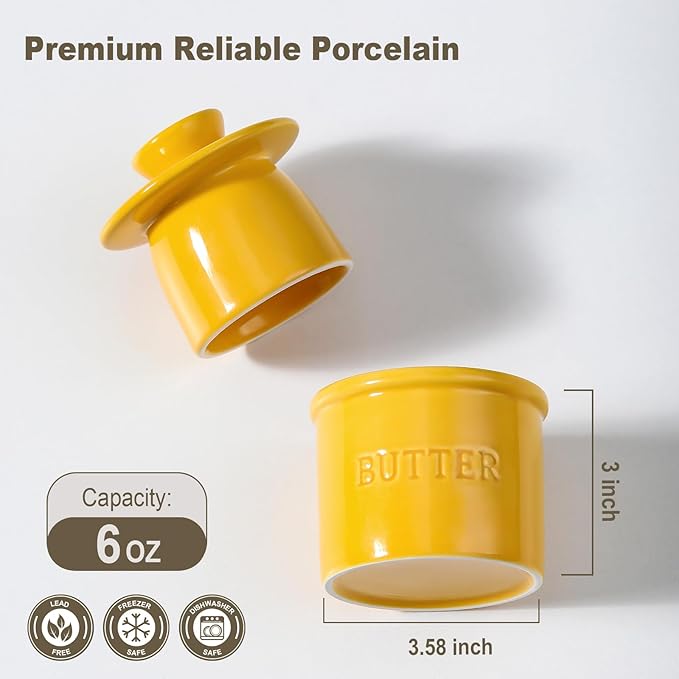 Butter Crock with Lid for Countertop - Ceramic French Butter Dish for Spreadable Soft Butter, Butter Container Holder with a Water Seal, Housewarming Gift, Kitchen and Home Decor, Yellow