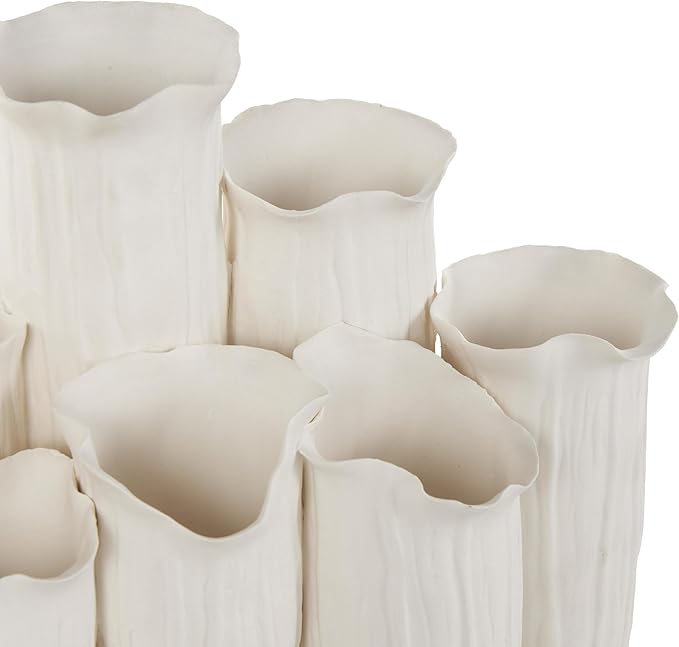 Deco 79 Ceramic Abstract Floral Inspired Vase with Linear Grooves and 10 Openings, 14" x 5" x 11", White