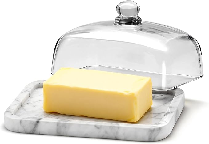 Marble Butter Dish with Lid, Elegant Large Capacity Butter Holder for Countertop & Refrigerator – Natural Cool Surface Keeps Butter in an Ideal Spreadable State – White Butter Container