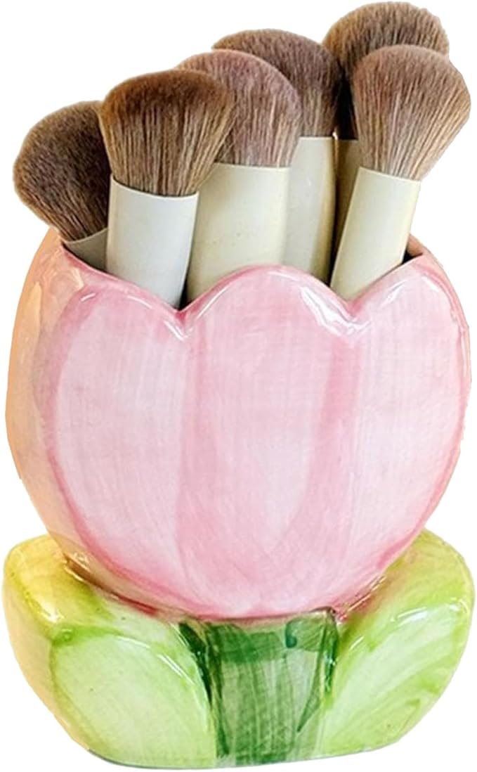 1 PC Ceramic Tulip Make up Brush Holder Flower Toothbrush Holder Cosmetic Storage Box Pen and Pencil Holder Desktop Organizers (Pink)