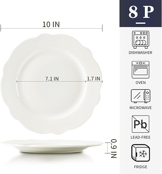 10.5 Inch Porcelain Large Dinner Plates Set of 8, White Leave Wave Rim Appetizer Salad Plates, Ceramic Dinnerware Serving Plate for Pancakes, Steak, Pasta, Pizza, Microwave, Dishwasher Safe