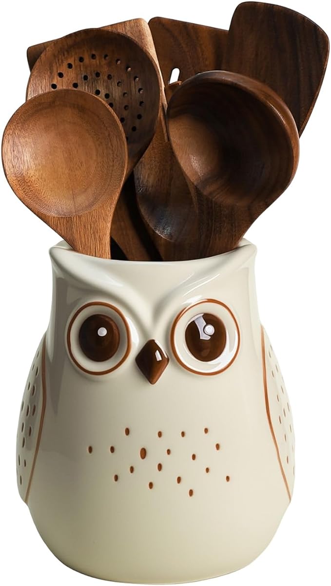 SOCOSY Owl Ceramic Kitchen Utensil Holder For Countertop, Cooking Utensil Crock Holder Spatula Holder