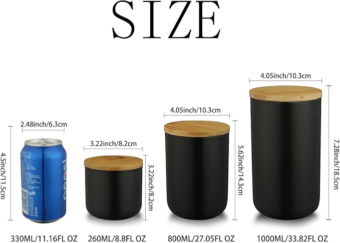 MilkyWay Ceramic Food Storage Jar Canister Modern Design Food Canisters with Airtight Seal Bamboo Lid, Loose Tea Coffee Spice Nuts Snacks Storage Jar Canister (Black 8.79oz/260ml)