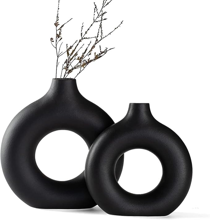 Black Ceramic Donut Vase Set of 2, Big Hollow Round Matte Pampas Flower Vases for Boho Home Wedding Party Room Dinner Table Shelf Decor.