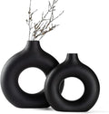 Black Ceramic Donut Vase Set of 2, Big Hollow Round Matte Pampas Flower Vases for Boho Home Wedding Party Room Dinner Table Shelf Decor.