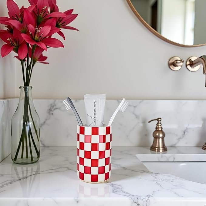 Ceramic Toothbrush Holder, Red Tooth Brush Holders for Bathrooms, Modern Cute Toothbrush Tumbler/Cup, Toothbrushes Toothpaste Dispenser for Countertop Storage, Checkered Bathroom Decor